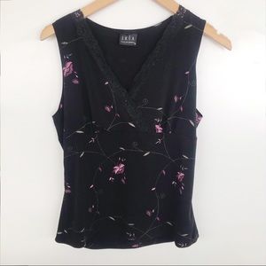 JKLA Floral Cami with Lace Neckline Deep V-Neck